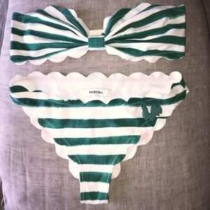 Green/white striped bikini swim set.